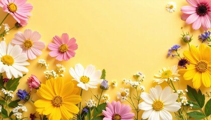 Obraz premium a vibrant collection of colorful flowers arranged on a yellow background, creating a cheerful and refreshing display. These floral blooms add a touch of beauty to the scene
