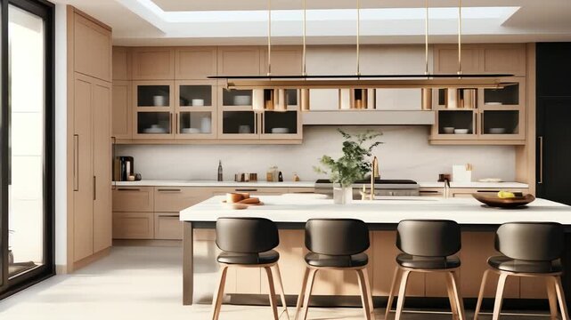Modern kitchen with island light wood cabinets and brass accents