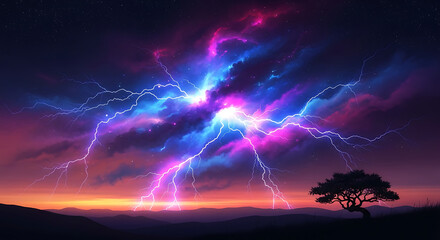A vibrant, multi-colored lightning storm explodes in a dark sky over a silhouetted landscape with a lone tree.