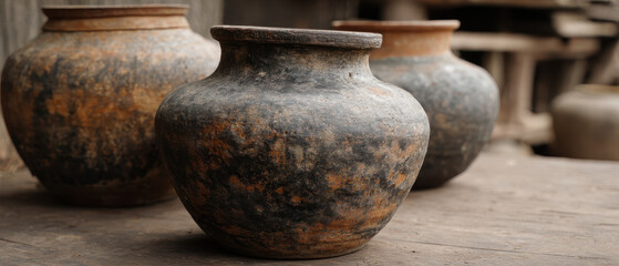 Fototapeta premium Ancient pottery jars on wooden table in rustic workshop