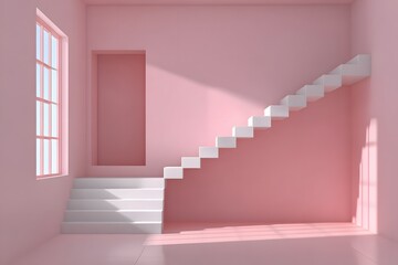 Minimalist pink interior with white staircase and window