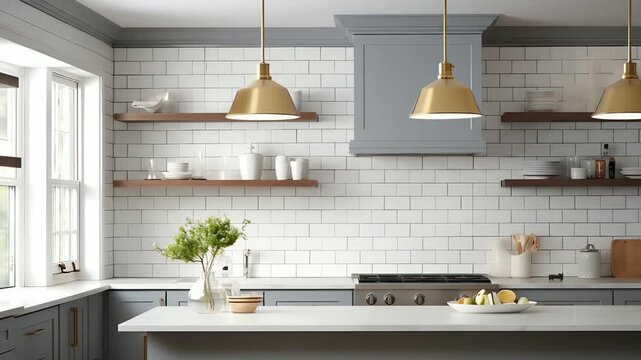 Modern kitchen with subway tile backsplash brass pendant lights and gray cabinets
