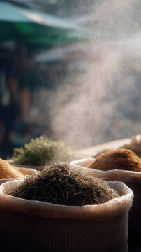 Sacks of spices in vibrant market with herbal smoke rising
