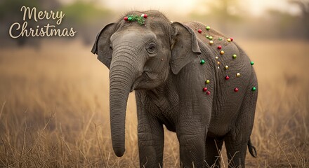 Funny looking postcard, a young elephant decorated with ornaments and Merry Christmas text writing at the left, Generative AI