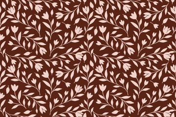 Elegant seamless floral pattern with soft pink leaves and blossoms on a rich brown background, perfect for fabric, wallpaper, and digital design.
