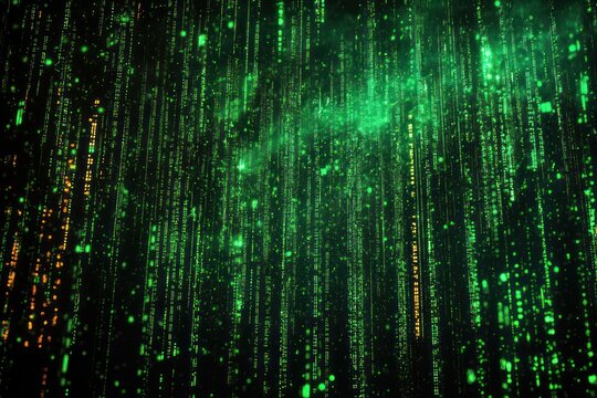 Abstract digital rain of glowing green and yellow code streams cascading in a dark space creating a futuristic and immersive technological atmosphere