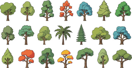 Create a kinds of deferent tree vector art color with white background.