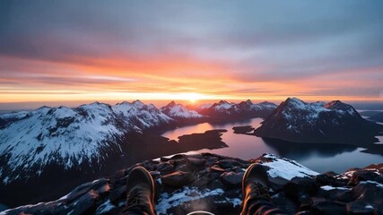 Enjoying a sunset meal on a mountaintop overlooking snow-capped peaks and a tranquil lake