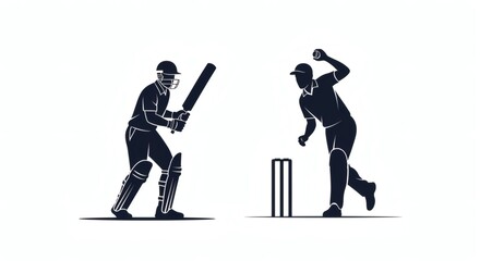 A vector illustration showcasing the classic cricket confrontation between a batsman and a bowler, depicted in silhouette form on a white background