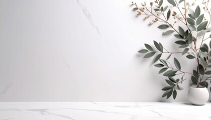 An elegant still life featuring fresh leaves and a minimalistic vase, with a clean, smooth background that enhances the overall aesthetic