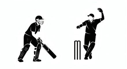 Minimalist black silhouette illustration of a cricket match featuring a batsman and a wicket-keeper isolated on a white background