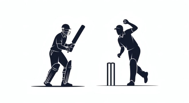 A vector illustration showcasing the classic cricket confrontation between a batsman and a bowler, depicted in silhouette form on a white background - Powered by Adobe