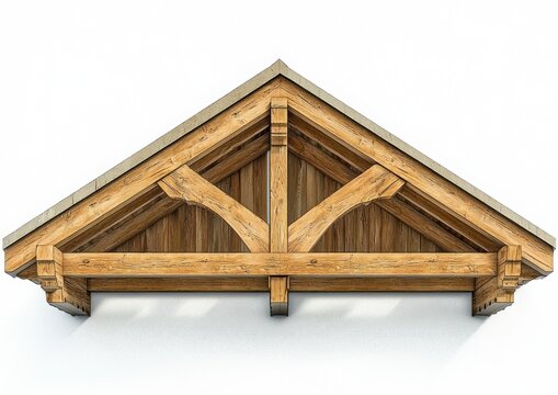 Wooden triangular gable roof structure with exposed timber beams and intricate joinery on a white background