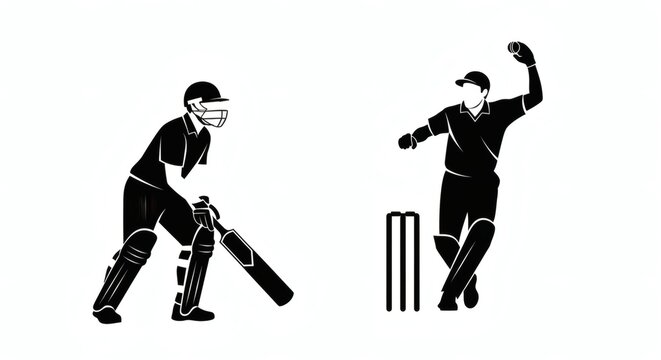 Minimalist black silhouette illustration of a cricket match featuring a batsman and a wicket-keeper isolated on a white background