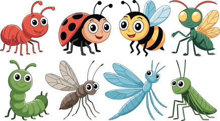 Cartoon insects collection, cute bug characters, ant, ladybug, bee, praying mantis, caterpillar, mosquito, dragonfly, stick insect, grasshopper, vector illustration, art