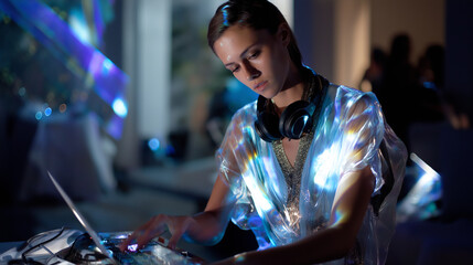 A futuristic vibe: holographic graphics projected around her as she mixes.