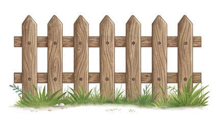 Fototapeta premium Rustic farmhouse picket fence, detailed brown wood texture, countryside style, isolated transparent.