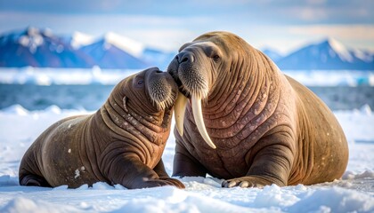 Two Walruses Interact Tenderly Arctic