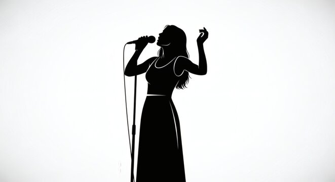 Silhouette of a female singer holding a microphone, expressing passion and melody through her performance on stage
