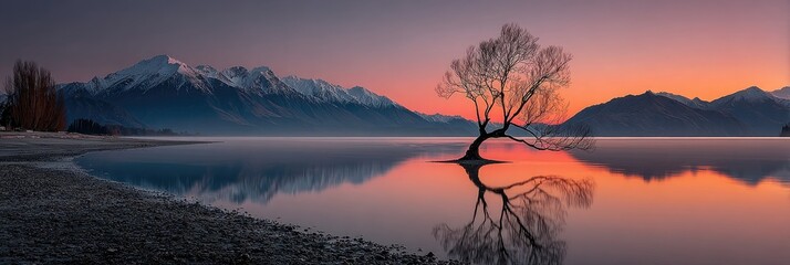 Serene lake sunrise with snow-capped mountains and a unique tree reflection