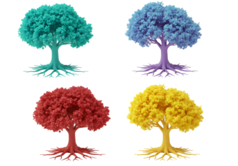 Vibrant Colorful Trees: Unique Miniature Bonsai Designs on white background