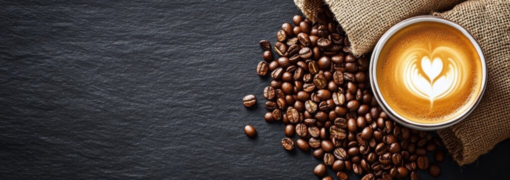 Freshly brewed cup of coffee with latte art heart shape next to spilling roasted coffee beans on dark textured surface with burlap sack - Powered by Adobe
