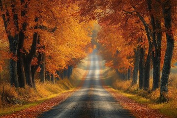 Quiet winding country road lined with tall trees covered in vibrant orange autumn leaves under soft sunlight creating a warm and peaceful atmosphere