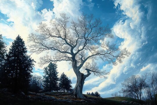 Majestic leafless tree standing on a hill under a vast blue sky with dramatic white clouds, surrounded by evergreen trees and bare branches in a peaceful natural landscape - Powered by Adobe