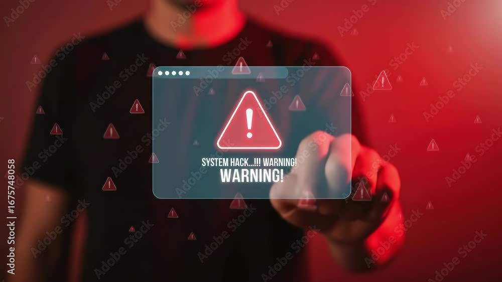 Poster a system hack warning alert with exclamation mark, person touching virtual screen, cybersecurity thr