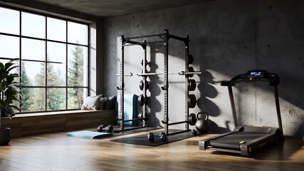 Well Equipped Home Gym Interior with Concrete Wall Weights Treadmill and Natural Light from Window