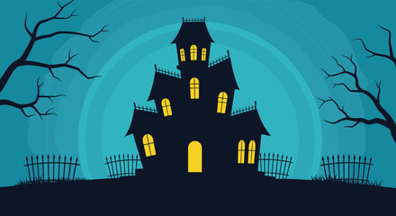 Spooky haunted house silhouette with glowing windows perfect for Halloween designs and events