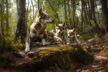 A wolf mother resting on a tree stump with her three attentive cubs in a sunlit forest