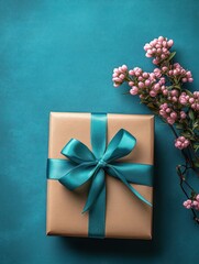 neatly wrapped golden gift box with a shiny teal ribbon and bow placed on a teal surface next to a branch of delicate pink berries and green leaves
