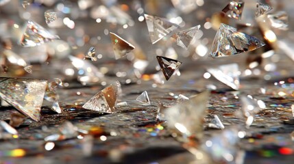 A multitude of triangular prisms, glittering and fragmented, descends upon a textured surface, showcasing a dynamic and captivating composition.