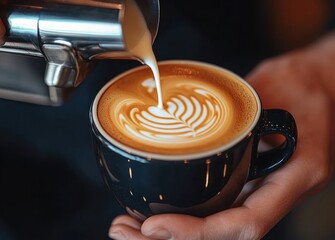 Close-up of barista hand pouring steamed milk creating intricate latte art pattern on coffee in a black cup