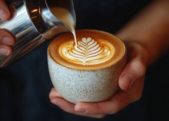 Close-up of a person pouring steamed milk into a ceramic cup creating delicate latte art with a leaf pattern, evoking warmth and skillful craftsmanship