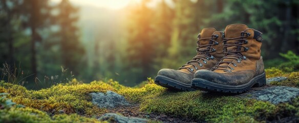 Worn hiking boots resting on moss-covered ground in a sunlit forest with soft sunlight filtering through trees