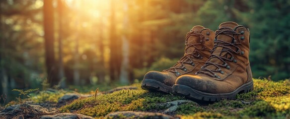 Worn brown hiking boots resting on mossy forest ground with sunlight filtering through trees in the background