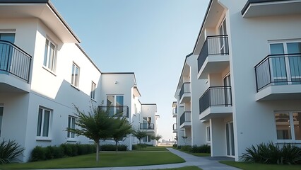 Fototapeta premium A modern housing complex with clean architectural lines, illuminated by soft daylight.