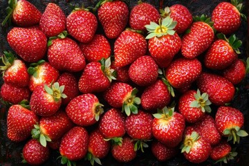 Fresh ripe strawberries with green leaves closely arranged on a dark textured surface