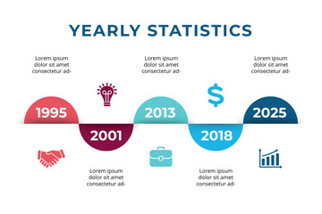 Colorful infographic design showing yearly timeline milestones and statistics with icons and dates spanning decades, ideal for business, data presentations, and progress visualization.