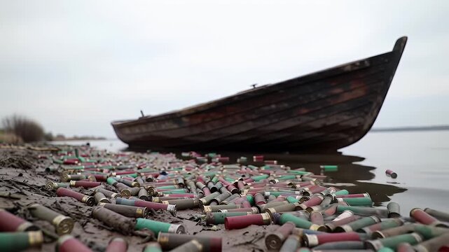 Rustic Wooden Boat Amidst Shotgun Shells on a Muddy Shore Under an Overcast Sky