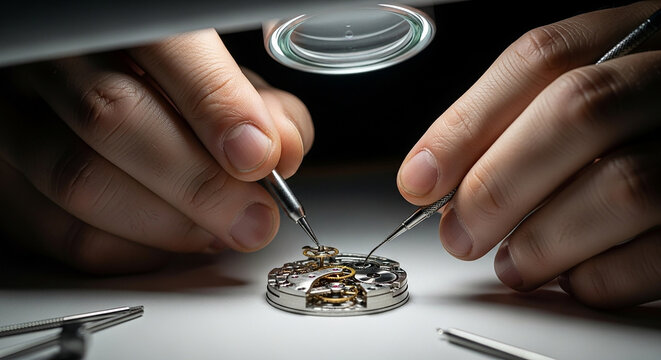 A close-up of a master watchmaker's hands using precision tools to meticulously repair the intricate mechanical movement of a luxury watch under a magnifying glass.