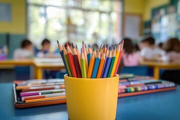 Yellow container holding numerous sharpened colored pencils on a blue table with blurred children and classroom background, evoking a focused and creative school environment