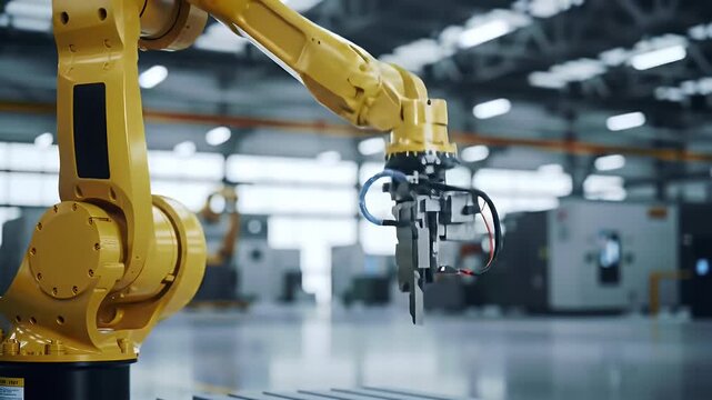 Yellow Automated Robotic Arm with Metallic End Effector in a Brightly Lit Industrial Factory Environment