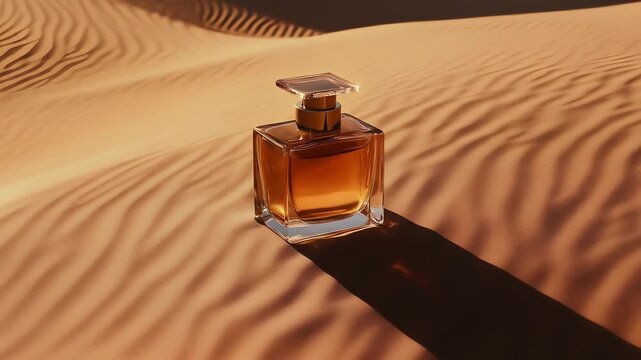 Perfume bottle on rippling sand dunes at sunset