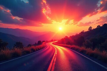 Fototapeta premium A winding road disappearing into a vibrant sunset, symbolizing the unknown yet promising journey ahead Perfect for concepts of progress, ambition, and the future , view, winding, winding road