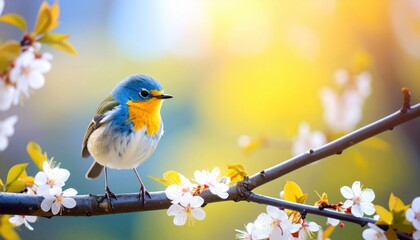 Bird perched on branch amidst cherry blossoms nature's beauty springtime serenity outdoor scene close-up view wildlife photography