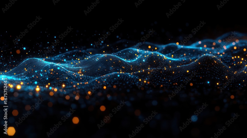 Poster abstract digital wave landscape with flowing blue lines and glowing orange and blue particles repres