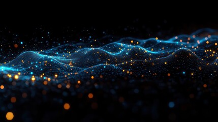 Abstract digital wave landscape with flowing blue lines and glowing orange and blue particles representing data or energy in a dark background